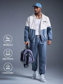 DRIFTMERE 男士休闲字母印花连帽夹克和抽绳运动裤套装，时尚百搭，适合春秋季、秋冬季节，可作运动服、健身房、慢跑套装 - 藍色 - 查看 1