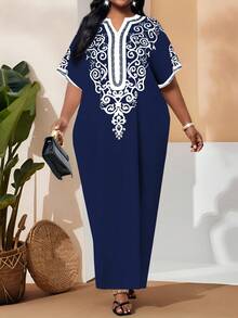 SHEIN Lady 大码V领印花优雅短袖连衣裙 - 藏蓝色 - 查看 5