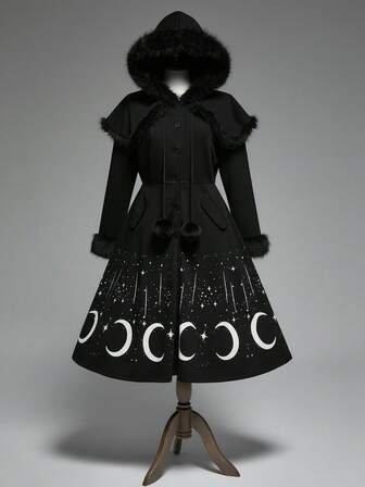 Gothic Retro Star & Moon Print Long Black Heavyweight Vintage Maxi Coat, Plus Size Women Autumn/Winter Outerwear With Furry Collar