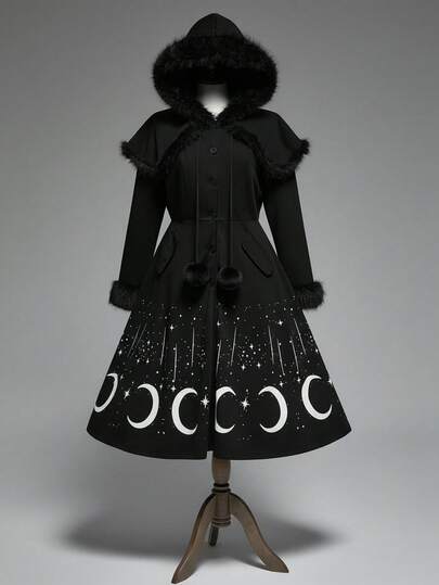 Gothic Retro Star & Moon Print Long Black Heavyweight Vintage Maxi Coat, Plus Size Women Autumn/Winter Outerwear With Furry Collar