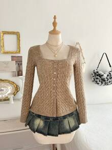 Elamini Áo khoác cardigan cổ vuông cài nút phía trước dệt kim xoắn phong cách cổ điển dành cho nữ - Màu Khaki - Xem 3