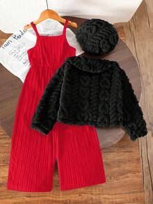 SHEIN Chaqueta con botones y cuello de solapa de manga larga con estampado de corazón de tejido de jacquard acanalado reversible de color café + accesorio de sombrero para niñas pequeñas, combinado con un mono de punto acanalado de 12*4 de color negro, adecuado para uso diario en otoño/invierno, viajes al aire libre, fiestas - Multicolor - Ver 2