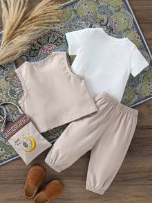 SHEIN Baby Boy Beige Summer Cute Birthday Outfit Moon Print T-Shirt,Pants,Vest & Bag Full Set,Arabic Islamic Clothing Saudi Traditional Dress Party Wear - Multicolor - View 3