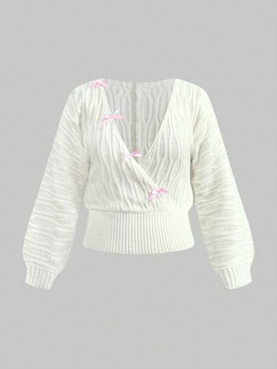 Kawaii Maglione lavorato a maglia con fiocco, versatile e carino, taglie comode