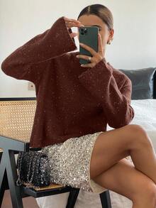 Livesso Women's Casual Sequin Crew Neck Sweater, Autumn - Coffee Brown - View 6