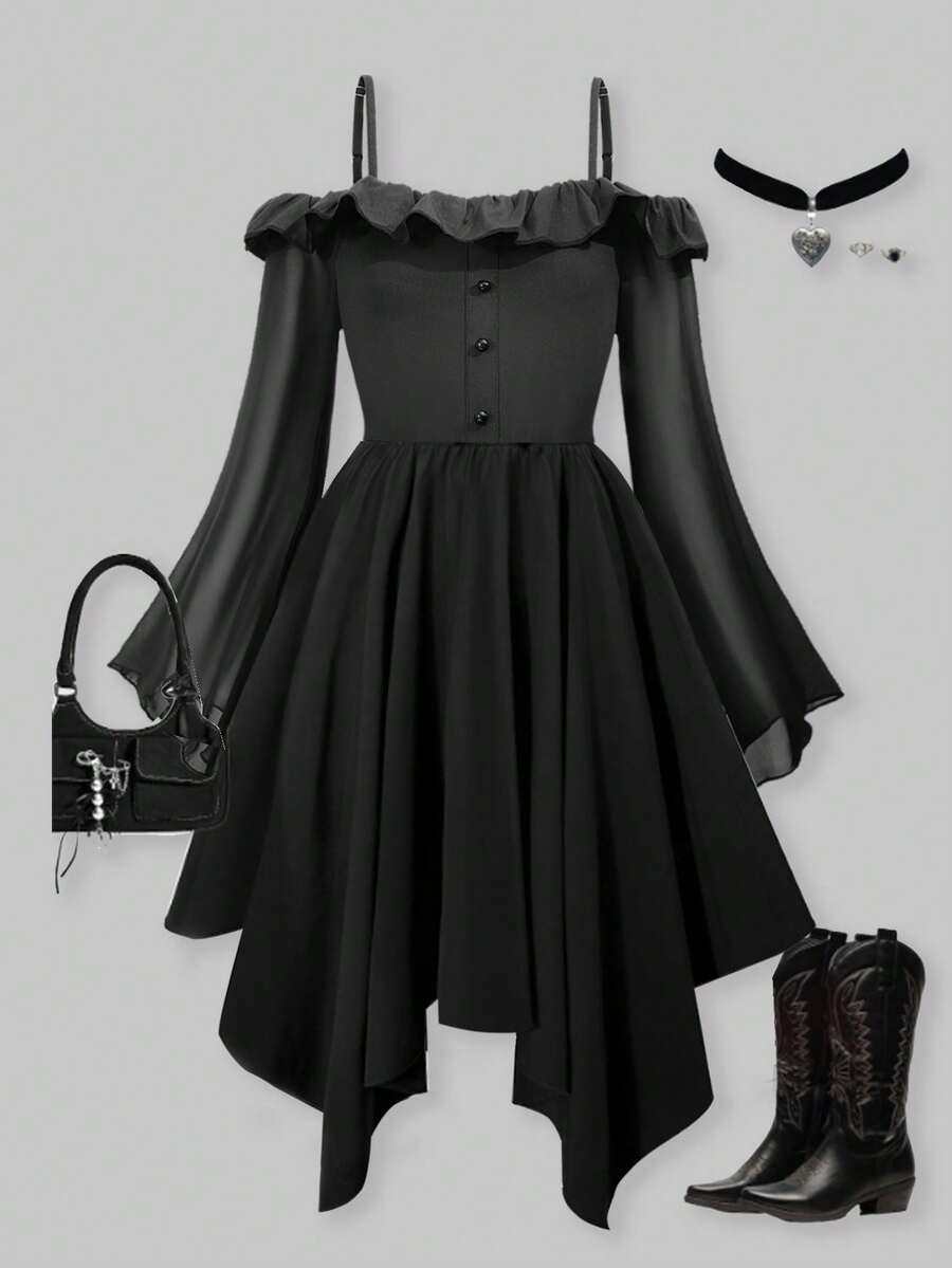 SHEIN ChillGRL Gothic Style Flare Sleeve Ruffle Hem Slip Dress For Tween Girls Fashion - Black - View 1