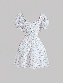 SHEIN MOD Ditsy Floral Print Tie Front Puff Sleeve Blue And White Breast Cup Pleated Short Dress - Blue - View 2