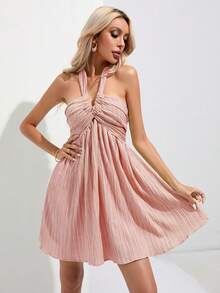 SHEIN VCAY 素色後背繫帶掛脖連衣裙 - 粉色 - 查看 1