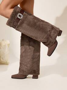 CUCCOO CHICEST Women's Fashionable Commuter Fluffy Chunky Heel Knee-High Boots Valentine's Day - Coffee Brown - View 5