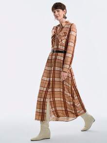 Aalyst Women's Brown Checkered Elegant Luxury Christmas Party Casual Maxi Shirt Dress,Autumn Occasion Vintage Plaid Shirt Collar Open Front Pocket Belt Waist - Multicolor - View 2