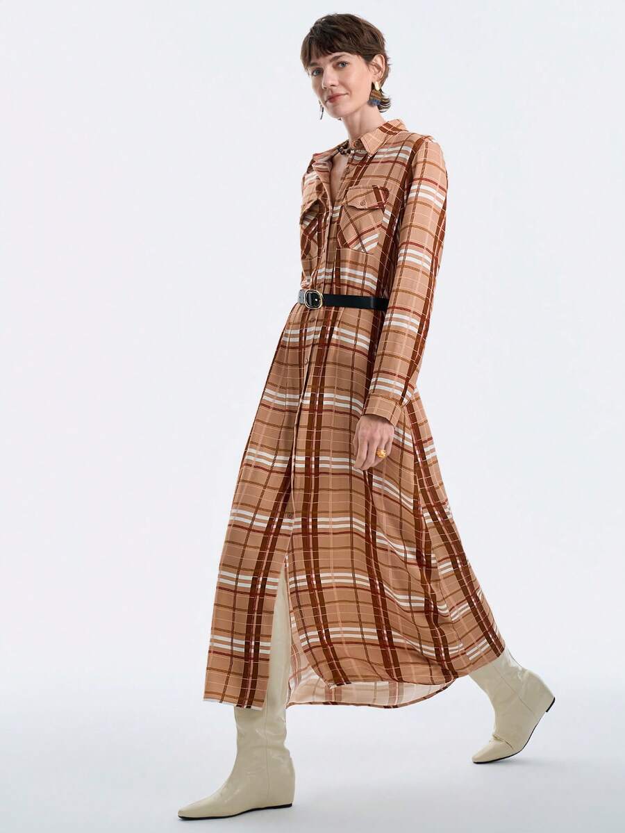 Aalyst Women's Brown Checkered Elegant Luxury Christmas Party Casual Maxi Shirt Dress,Autumn Occasion Vintage Plaid Shirt Collar Open Front Pocket Belt Waist