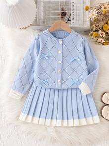 Young Girl Diamond Beaded Bow Decor Knitted Cardigan And Pleated Knit Skirt Set, Suitable For School, Outing Or Holiday Gathering - Blue - View 3