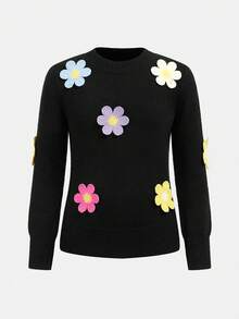 SHEIN 青少年女孩休闲日常黑色钩针装饰圆领长袖修身毛衣和钩针装饰裤子套装 - 黑色 - 查看 8