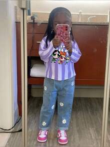 THE POWERPUFF GIRLS X SHEIN Young Girl Cartoon Character Print Purple Ombre Striped Loose Drop Shoulder Long Sleeve Sports Jersey T-Shirt - Purple - View 2