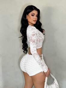 SHEIN SXY 女士深V领性感透视白色蕾丝长袖上衣 - 白色 - 查看 2