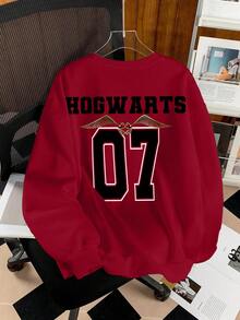 HARRY POTTER X SHEIN 女士休闲时尚街头时尚学院风动物徽章和字母印花落肩宽松羊毛套头衫，秋冬 - 白色 - 查看 2
