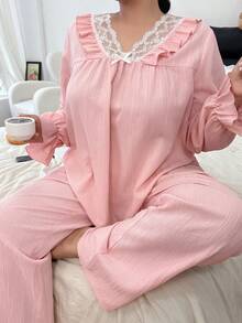 Dream Adore Plus Size 2pcs Princess Style Long Sleeve Pajama Set, Homewear Suit, Winter Clothes - Pink - View 6