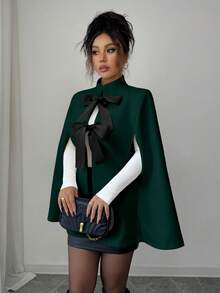 Rafferiza Áo khoác cape len pha trắng dáng rộng thanh lịch thời trang dành cho nữ - Màu xanh lá cây đậm - Xem 4