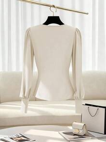 Franclia Áo sơ mi dài tay cổ chữ V thắt eo thanh lịch và thời trang, mùa thu/đông - Màu be - Xem 2