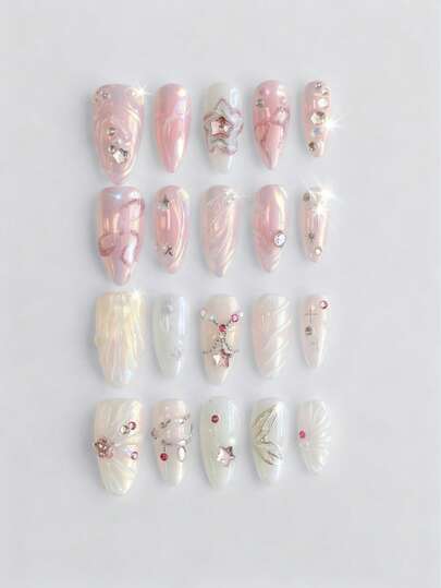 Anime 10pcs Cute Wings, Rose, Bow, Music Note, Star Element High Quality Handmade False Nails + 3pcs Double-Sided Adhesive, Y2K Style Rhinestone Pink Polka Dot White Lace Removable Manicure Stickers, Suitable For Holidays, Parties, Dancing And Daily Wear