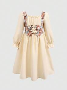 Leap Crew Nova Glow撞色拼接腰部褶皱胸部可调节肩带前褶皱长袖方领中长连衣裙，适合居家和户外活动，秋冬季节，波西米亚风格 - 杏色 - 查看 3