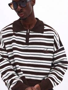 SUMWON Relaxed Fit Quarter Zip Striped Knitted Polo Sweater With Long Sleeves And Ribbed Collar For Casual Fall Winter Wear - Brown - View 1