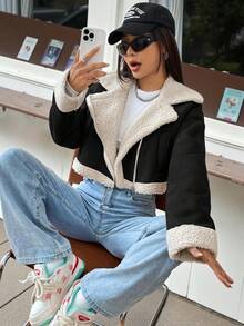 SHEIN EZwear 女士泰迪绒内衬拉链机车夹克，大翻领，秋冬款