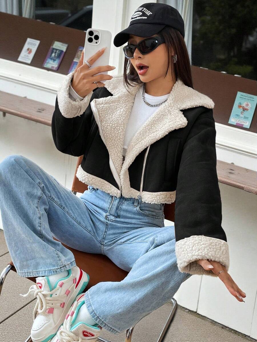 SHEIN EZwear 女士泰迪绒内衬拉链机车夹克，大翻领，秋冬款