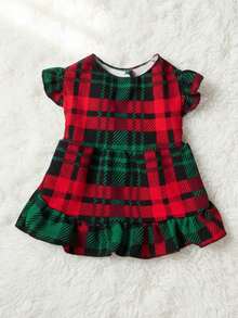 PETSIN 1pc Christmas Pet Red & Green Plaid Puff Sleeve Dress - Multicolor - View 2