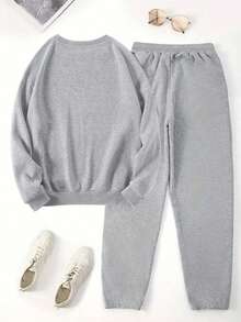 INAWLY 女士字母印花抓絨運動衫和運動褲套裝 - 淺灰色 - 查看 2