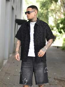 Devon Thys 男士黑色格紋襯衫，流蘇修飾，高端時尚的美式毛邊襯衫 - 黑色 - 查看 4