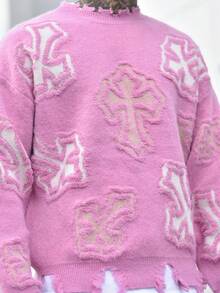 Devon Thys Unisex Street Fashion Cross Jacquard Crew Neck Loose Fit Casual Sweater, Suitable For Spring, Autumn And Winter - Pink - View 6