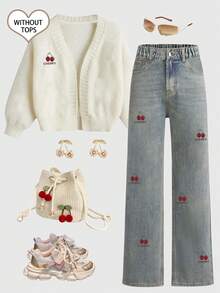 Teen Girls Cute Retro Vintage Light Blue Straight Leg Jeans,Y2K Aesthetic Loose Fit Cotton Denim With Embroidered Cherry,Summer Holiday Back-To-School - Light Wash - View 1