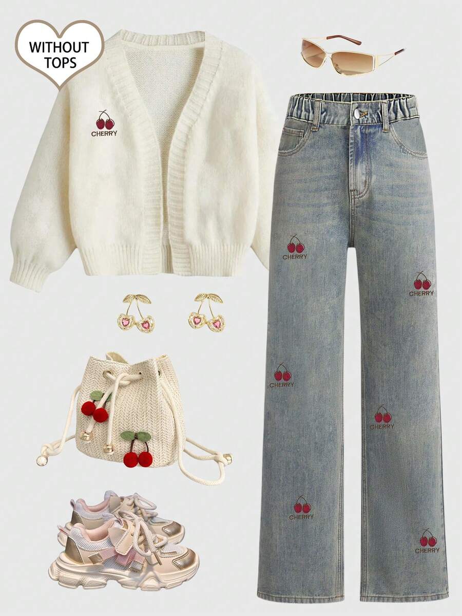 Teen Girls Cute Retro Vintage Light Blue Straight Leg Jeans,Y2K Aesthetic Loose Fit Cotton Denim With Embroidered Cherry,Summer Holiday Back-To-School - Light Wash - View 1