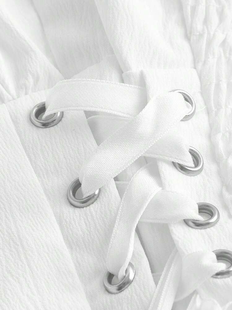 SHEIN MOD Square Neck Flare Sleeve Lace Up Waist Ruched Bust Vintage Dress - White - View 3