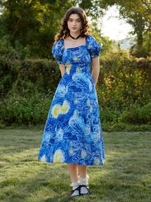 SHEIN MOD 1pc 女士梵高“星夜”印花蓝色连衣裙（不含白色内衬衬裙），复古宫廷风泡泡袖，艺术系列