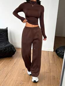 SHEIN PETITE 2pcs Women Casual Solid Color Stand Collar Fitted Long Sleeve T-Shirt & Drawstring Waist Straight Pants Set, Suitable For Autumn/Winter - Brown - View 6