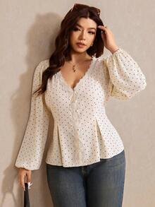 Elaquor 大码女式波点印花撞色蕾丝灯笼袖时尚衬衫白色上衣，适合新年夜穿着，适合身材丰满的女性 - 米色 - 查看 6