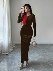 Rafferiza Women's Autumn/Winter Round Neck 3D Floral Velvet Bodycon Waist Cinching Long Dress, Elegant Party & Christmas Evening Gown Long Brown Dress Chocolate Brown Dress Brown Velvet Dress Long Sleeve Brown Dress - Brown - View 7