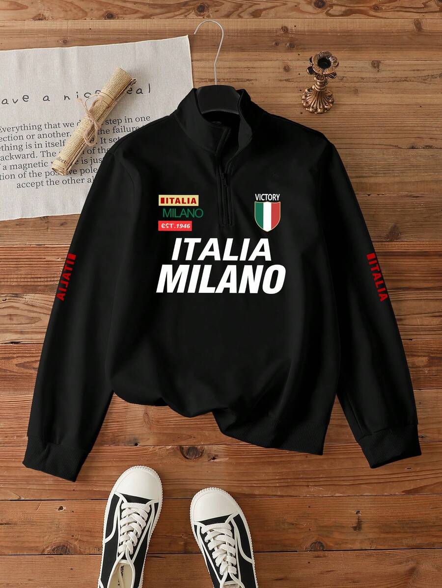 Manfinity Joysei Ink Night Black ITALIA MILANO Stand Collar Sweatshirt | Italian Flag Badge Half-Zip Top | Sleeve Letter Decorated Casual Pullover | #EuropeanStyle# Victory Badge Sports Item,Men's Letter Print Casual Versatile Long Sleeve Pullover Pullover Sweatshirt - Black - View 1