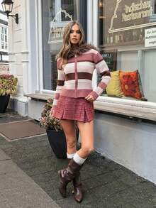 SHEIN Unity Chaqueta de punto con cremallera, ajustada y cálida, con cuello y puños de peluche, de estilo vintage y de colores rayados para niña, para otoño/invierno - Multicolor - Ver 4