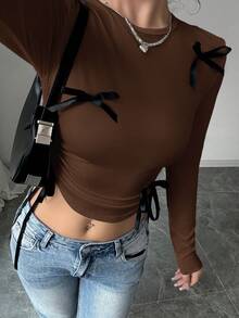 Selianne 女士休闲长袖T恤，侧边抽绳设计，春季女式上衣 - 棕色 - 查看 4