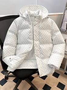Manfinity Joysei 男士全印花连帽短款夹棉大衣，冬季保暖白色拉链大衣，秋季 - 白色 - 查看 1