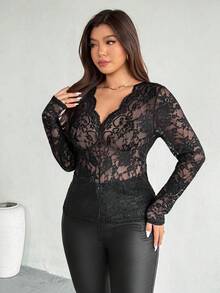 Firerie Áo cánh tay dài cổ chữ V viền ren thanh lịch, giản dị cỡ lớn, đa năng cho trang phục hàng ngày và đi nghỉ, mùa xuân/thu - màu đen - Xem 4