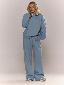 MUSERA 印花连帽衫运动套装上衣，秋季舒适套头衫，可爱休闲外出冬季圣诞节两件套家居服，舒适咖啡俱乐部 - 藍色 - 查看 1