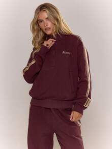 MUSERA Embroidered Striped Arm Half Zip Sweater Tracksuit Top Only Elegant Winter Work Cute Cosy - Burgundy - View 5