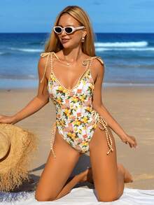 Swim Mod 春假女士新款印花随机多色侧系带性感优雅度假简约连体泳衣 - 彩色 - 查看 6