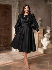 Aureia Plus Size Elegant Romantic Black Ruffle Collar Puff Sleeve A-Line Dress, Suitable For Wedding, Party, Celebration, Formal Evening Gown