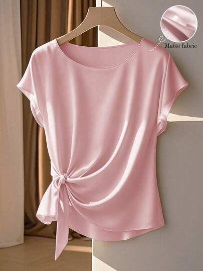 Franclia Elegant Short Sleeve Round Neck Ruffle Tie Bow Blouse, Khaki Color, Spring/Summer For Women Pink Blouse Party Blouse Summer Holiday Outfits Elegant Blouses For Ladies Women's Satin Blouse Teacher Professional Blouse