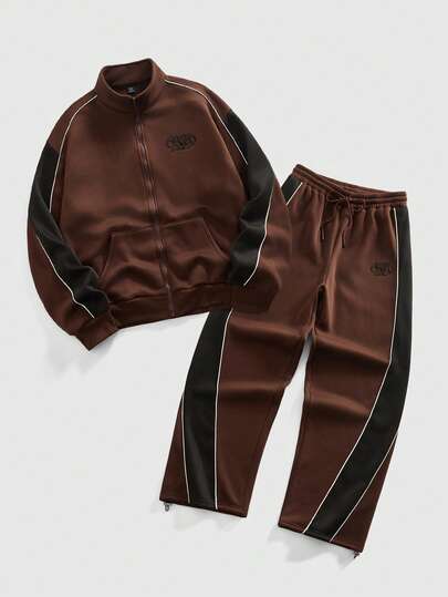 Street Life Set da uomo con felpa con cappuccio con chiusura lampo e colletto alto a contrasto e pantaloni della tuta con coulisse in vita